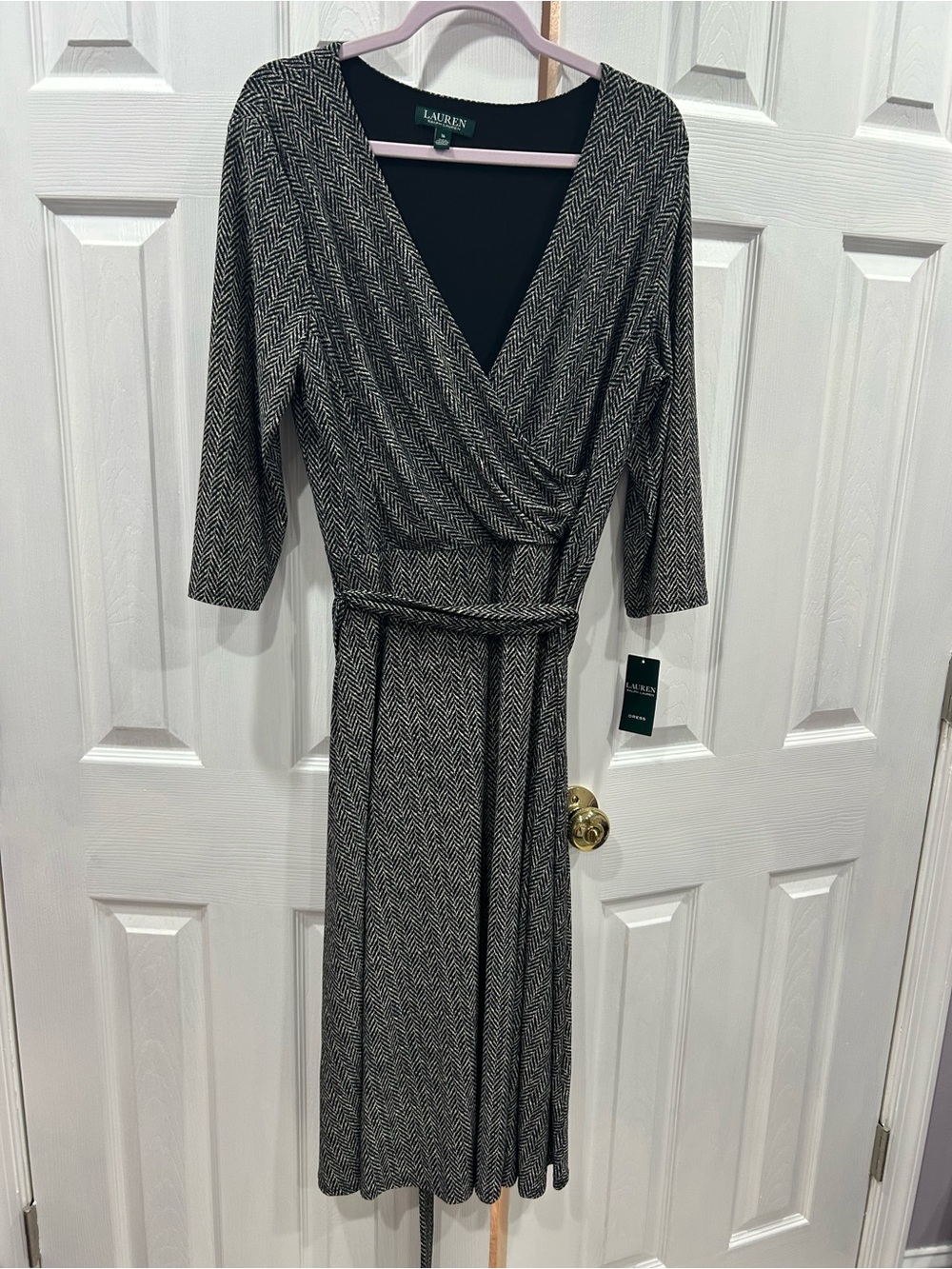 Lauren Ralph Lauren Black and White Herringbone Wrap Midi Dress